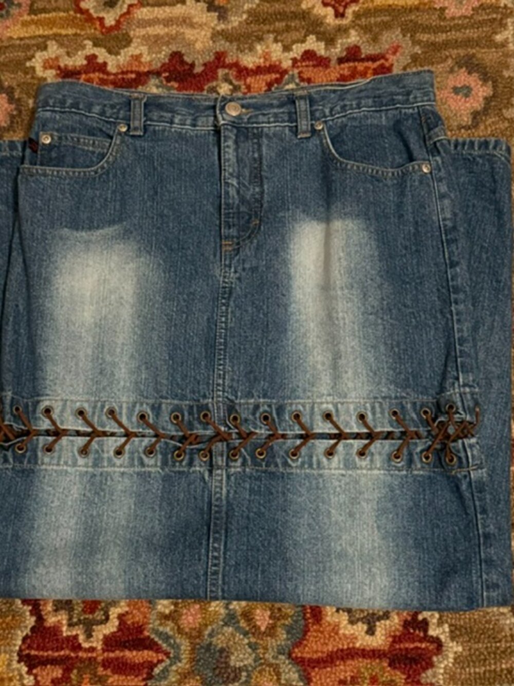 Rare 1990s Jalate Mini/Maxi Convertible Jean Skirt with Leather Lacing SZ 7/8